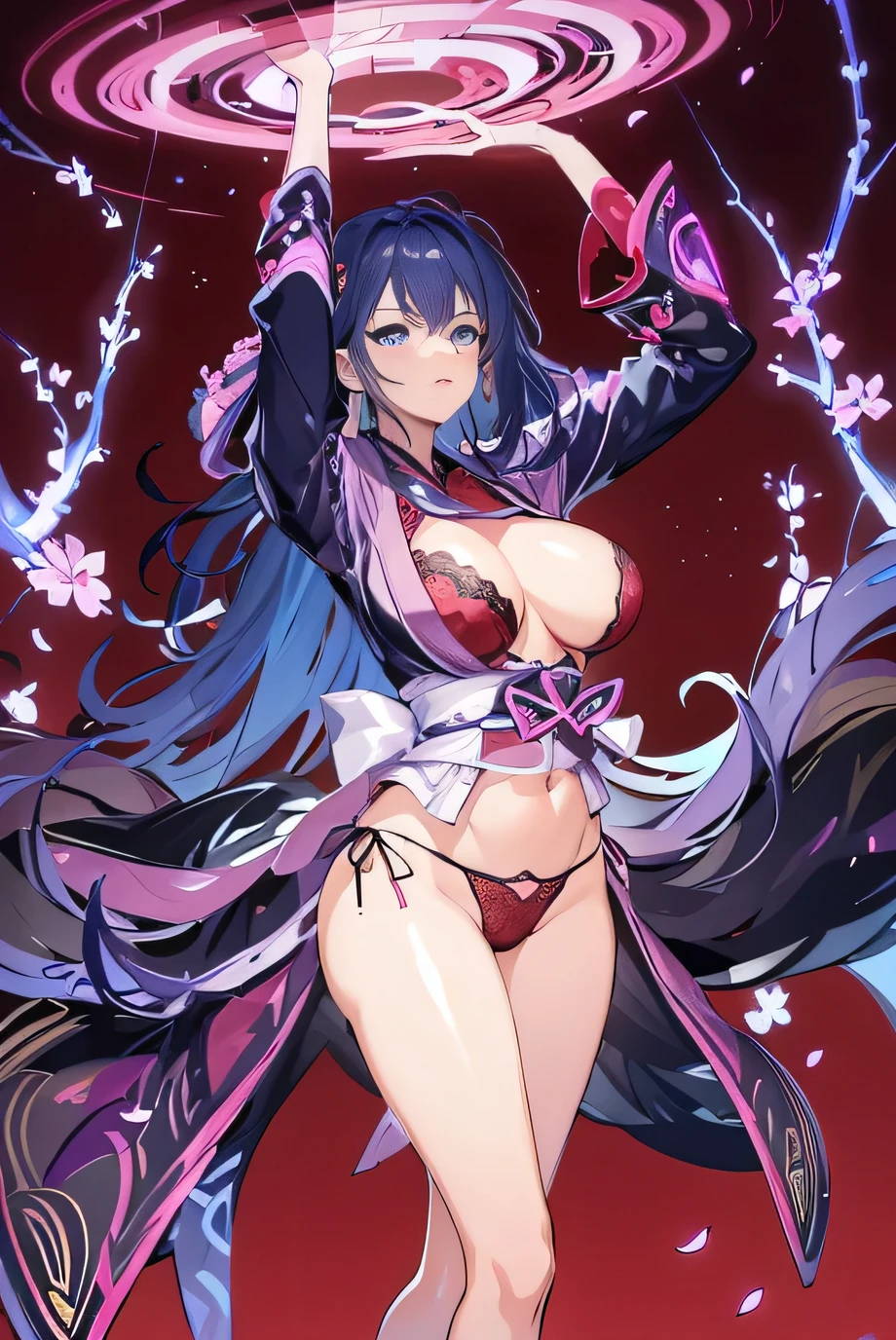 raiden, Take off your pink kimono., red lace underwear, Very big breasts, Edit the selection