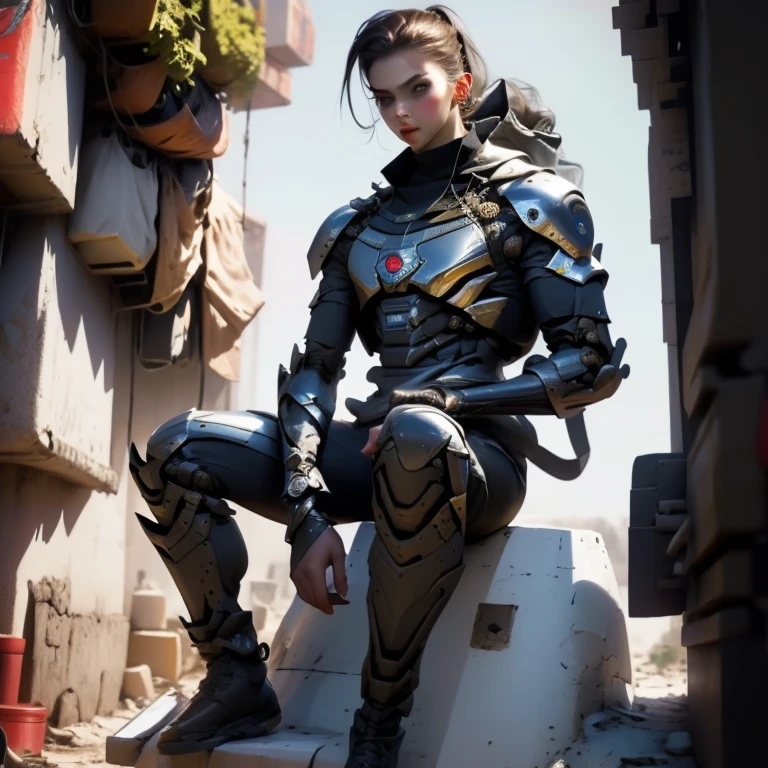 a beautiful young European woman is sitting on top of a robot with a gun in its hand and a gun in its hand, Aleksi Briclot, warhammer, concept art, cinematic, cyberpunk art, neon lights