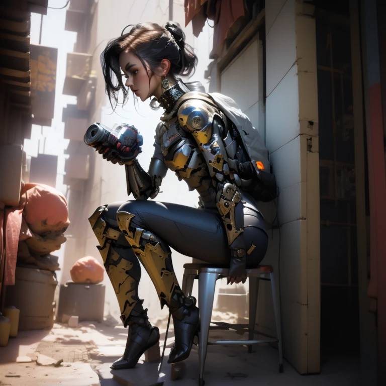 a beautiful young European woman is sitting on top of a robot with a gun in its hand and a gun in its hand, Aleksi Briclot, warhammer, concept art, cinematic, cyberpunk art, neon lights