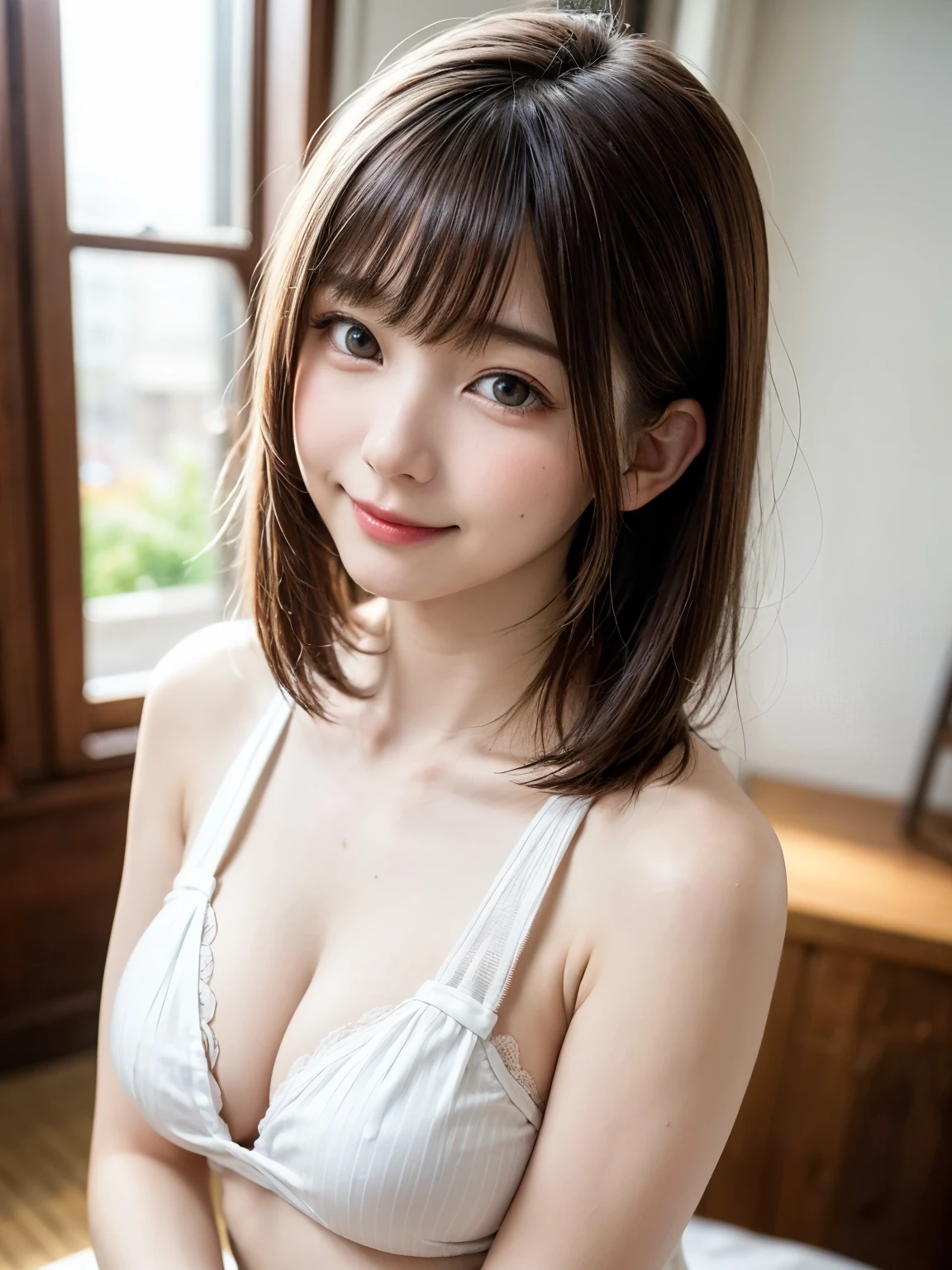1 girl, alone, alone focus, Cowboy Shot, Portraiture, Beautiful small with delicate design:1.4, Detailed design of school uniform:1.4、Pure beauty、Lovely beauty、Transparent beauty、Cool feeling、Transparent beauty、Very beautiful glossy skin、Half watercolor, Half Green, ((Brown Hair、bangs)), (Short Bob Hair:2、Gradient Hair :1.5), Curly Hair, ((Pink Eyes)), Very detailedな目, Sunburn, (Dark Caramel Skin:1.1)、({Huge|big|Hugeな|Mega} chest:2, chestの谷間:2)、(Attractive and beautiful woman、A little beautiful face、beautiful long neck、Put out your ears、Shoulders are a little wide、Beautiful supermodel figure、Happy smiling face with mouth closed、Perfect Anatomy), (highest quality, Very detailed, so beautiful)、so beautiful芸術的な背景, delicately painted, Reminiscent of Western art:2