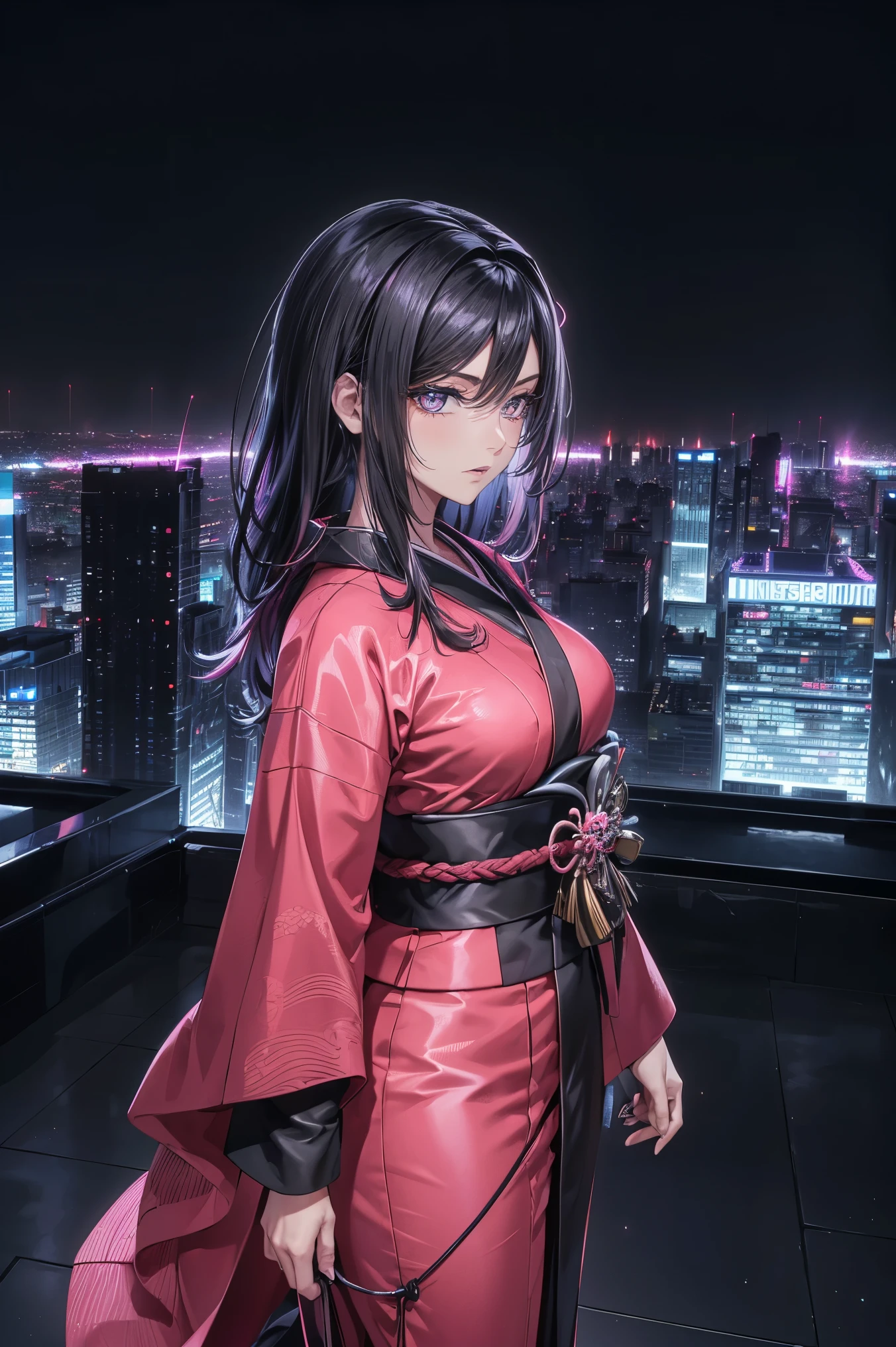 anime, (obra de arte, melhor qualidade, ultra-detalhado, alto contraste), 1 mulher (Sozinho, corpo todo, corpo plus size, standing on the edge of the skyscraper, cabelo prateado, CABELO LONGO E FLUXO, olhos vermelhos brilhantes de rubi, (Kimono preto, black cybernetics with neon pink), meias pretas transparentes), (skyscraper roof, com vista para uma cidade, fundo detalhado ((Night time, darkness, low light pollution)))