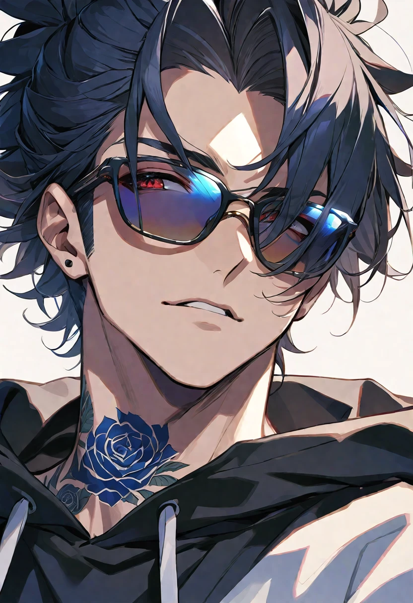 solo, handsome, 1 male, Ponytail, Braided black hair, red eyes, Gojo Satoru,casual,Blue Rose Tattoo,Oversized hoodie,casual,Stylish,cool,sunglasses,Glasses,Face close-up