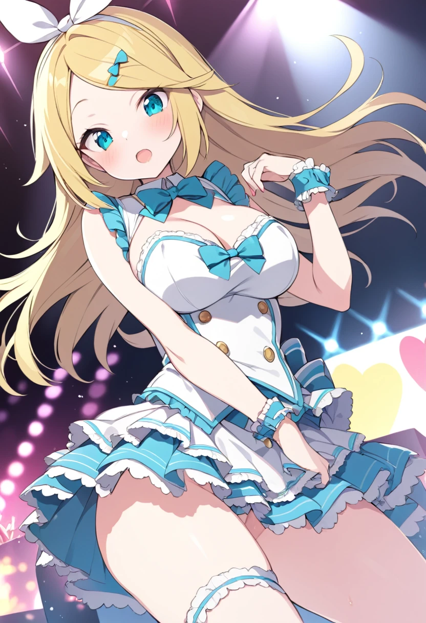 KAGAMINE RIN, long HAIR, BOW, blonde hair., large breasts,, Live Stage, solo nsfw