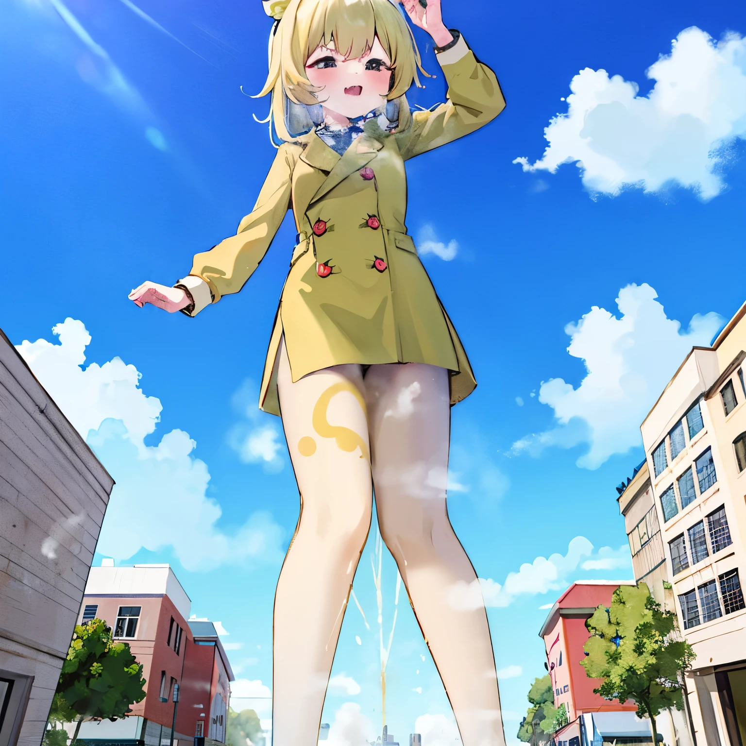 NSFW，A girl pees while standing on the city，​​{A giantess}，{1个Giant Breast Girl}，{are standing}，{urine discharge}​​，cloud， looking over city， mountain ranges， tmasterpiece, Best quality, The content is very detailed,tmasterpiece,Best quality,offcial art,extremely detaild的 CG unified 8k wallpapers，{{{A giantess}}}，Huge girl，1 girl，modern miniature city，pissing，Pee everywhere，No shoes，{blackstockings}，The stands up，face flushed，comfortable expressions，pissing，Urine draws an arc，urine，Nourishes urine，Urine eruption，Urine gives off steam，{Pee while standing on a modern miniature city}，The city is full of urine, furry