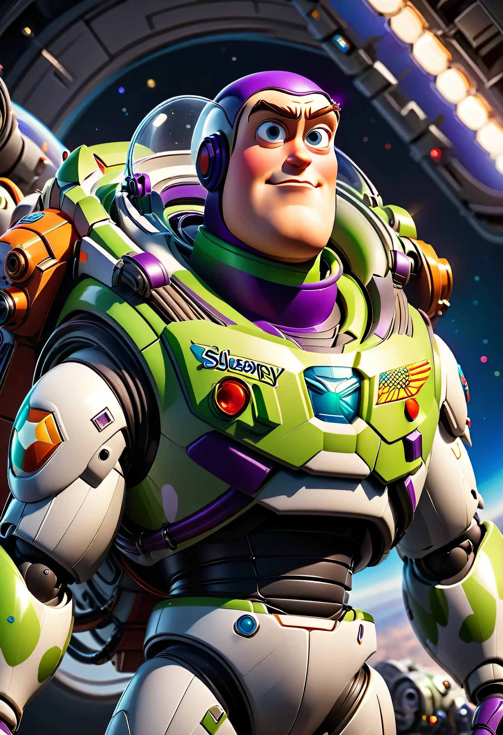 3D rendering style, um guarda espacial, Buzz Lightyear, dos filmes Toy Story, retrato fotorrealista extremamente detalhado e altamente detalhado, dynamic action pose, powerful heroic expression, metallic space suit, jetpack brilhante, laser launcher, epic cinematic lighting, Beautiful Volumetric Lighting, hiper-realista, 8K, ray tracing, physically based rendering, Cinematic Camera Angle, dramatic shadows, cores vibrantes, shiny metal surfaces