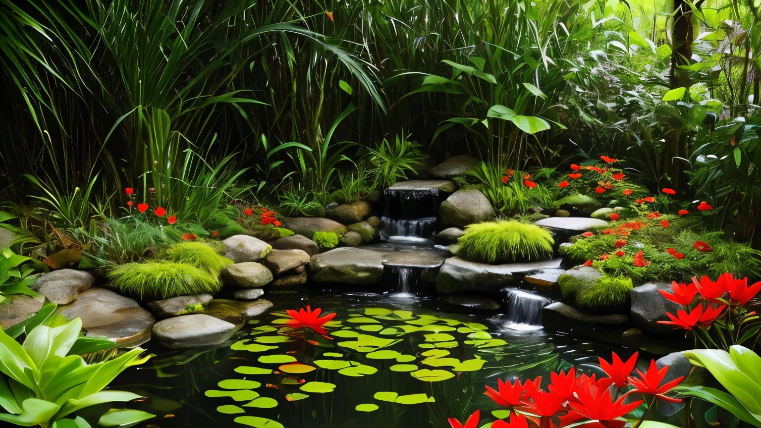 Rainforest vibe, a little natural pond, clear water, little red flowers everywhere, meditating vibe, little dark to the rain, cold weather, round stones around the water