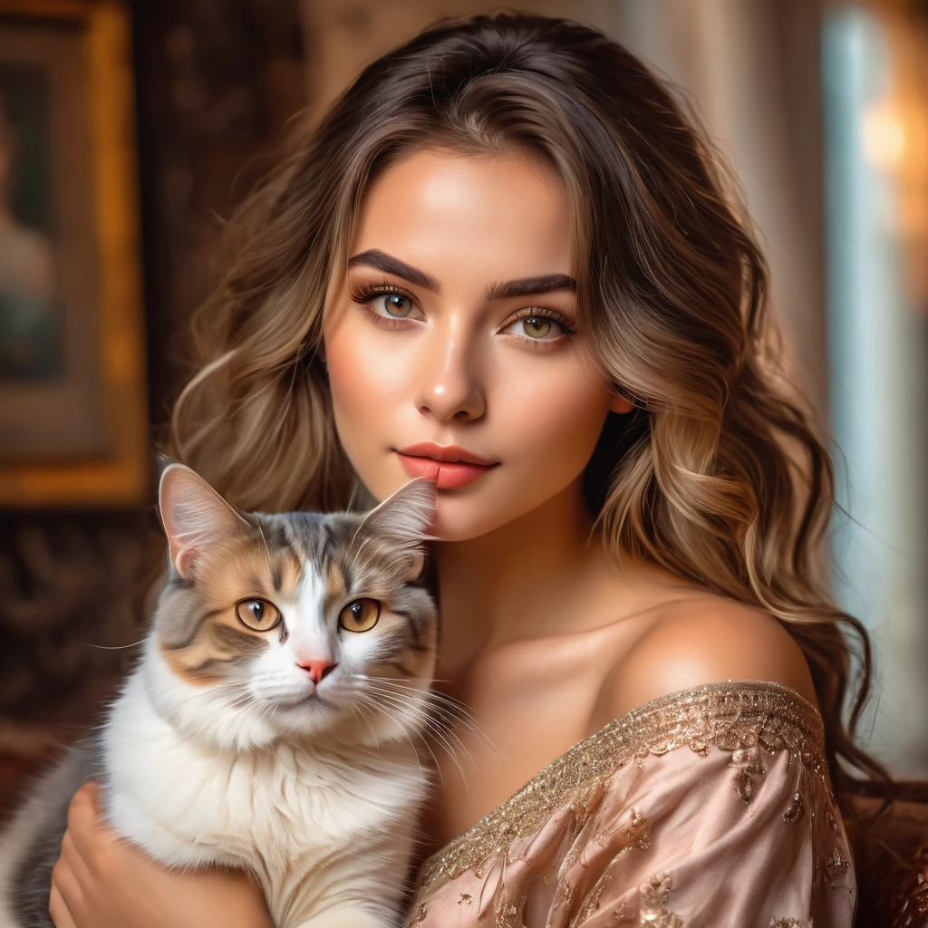 a beautiful girl with a cute cat, detailed eyes, detailed lips, long eyelashes, intricate hair, beautiful detailed portrait, highly detailed, 8k, photorealistic, professional digital painting, warm color palette, soft lighting, serene expression, delicate features, elegant dress, sitting in a cozy interior, pet cat on her lap, feline companion, portrait style, dramatic lighting, stunning realism