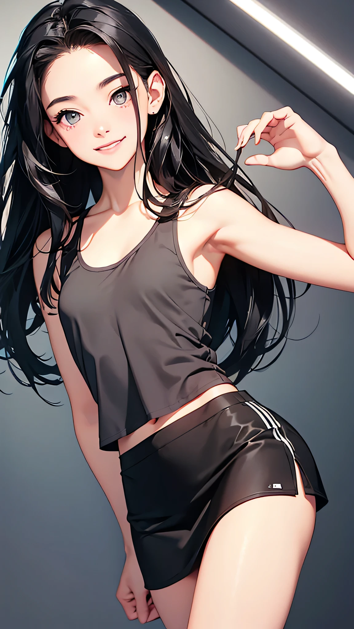highest quality、Realistic、girl、zoom、cute、Grey Eyes、Black Hair、the forehead is protruding、long hair、Tank top、mini skirt、Looking down、smile、Bust Shot、thin、Small breasts