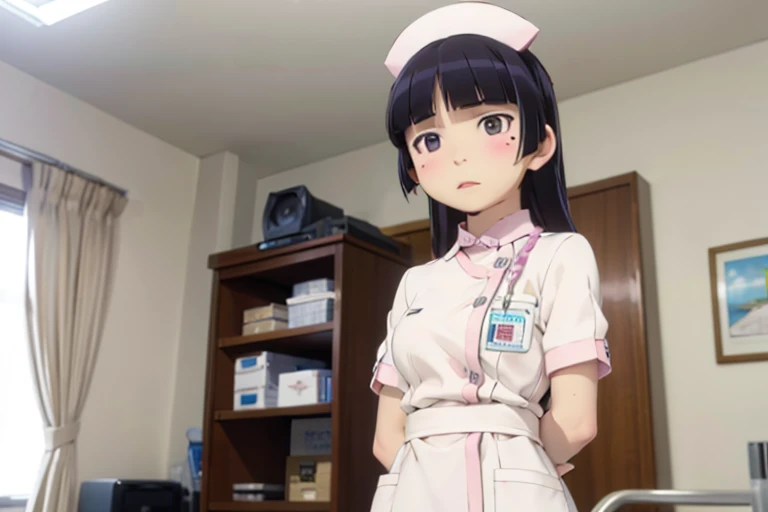 ((ruri gokou)), blush, black hair, mole, mole under eye, ((masterpiece, highest quality, Very detailed)),Hime cut, Blunt bangs,beauty, Japanese girl, nurse師, Perfect Anatomy, Black Hair, Upstyle, nurse uniform, ((Nurse cap)), Long skirt, nurse, White costume, thin, hospital, clear, gloves, White Uniform, white gloves, hospital room, 