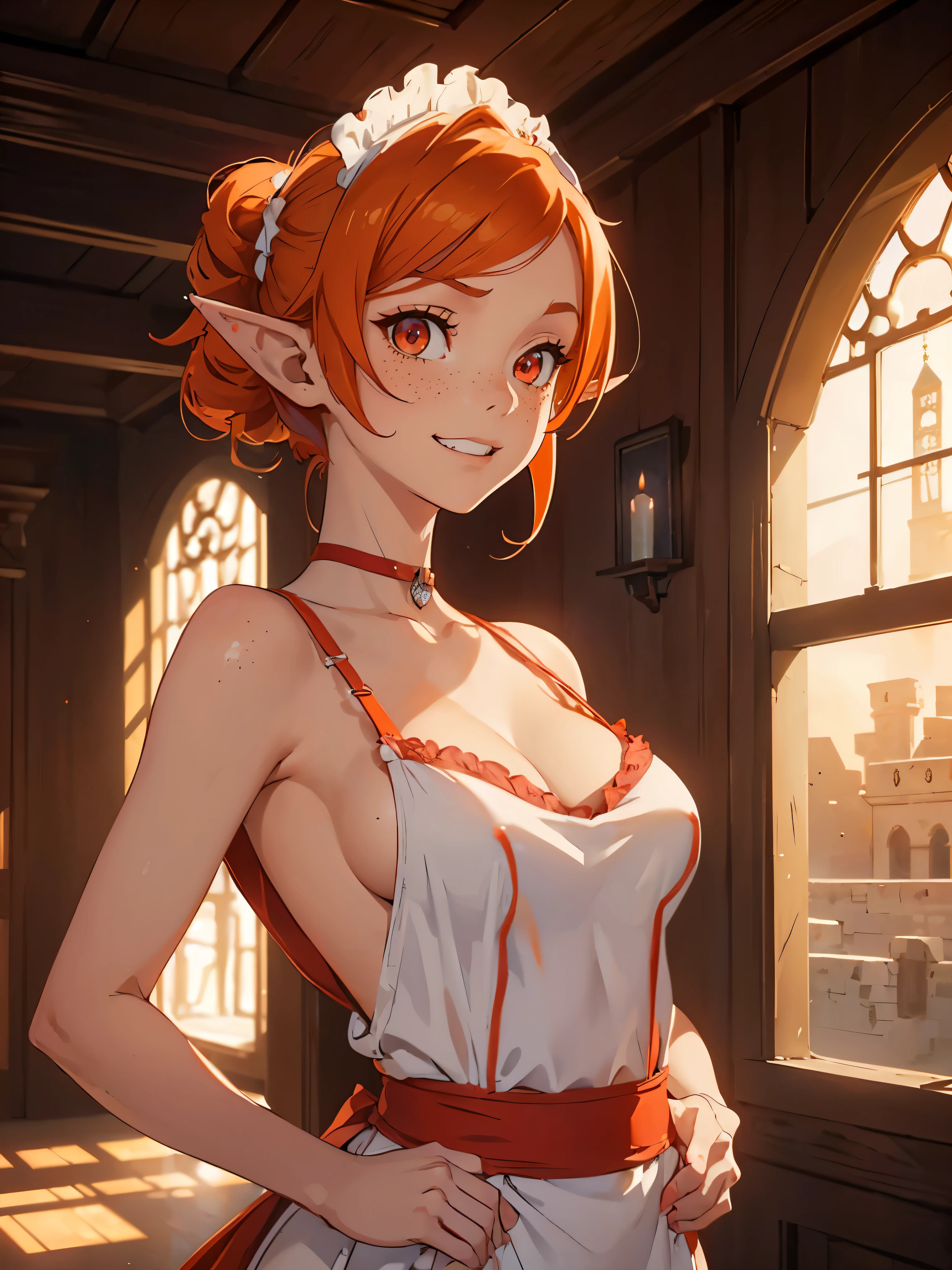 (masterpiece, high resolution,ultra - detailed:1.0),1 girl,Young and beautiful woman, ((freckles)), long elf ears, eyes looking away from camera, ((grinning)), Perfect female body, (upper body), (medieval room), Extremely detailed CG,Unity 8k wallpaper,Complicated details, solo person, (red eyes), diamond shaped eyes, medium hair length, (orange hair), ((sexy red and white one_piece lingerie)), short maid apron, bare_shoulders, NSFW, diaphanous outfit, exposed breasts, cleavage, (hands on hips), cameltoe, happy, marble castle walls,(desert design),Portrait,color difference, Depth of field,dramatic light, Ray tracing, Best quality, Cinematic lighting,offcial art, I