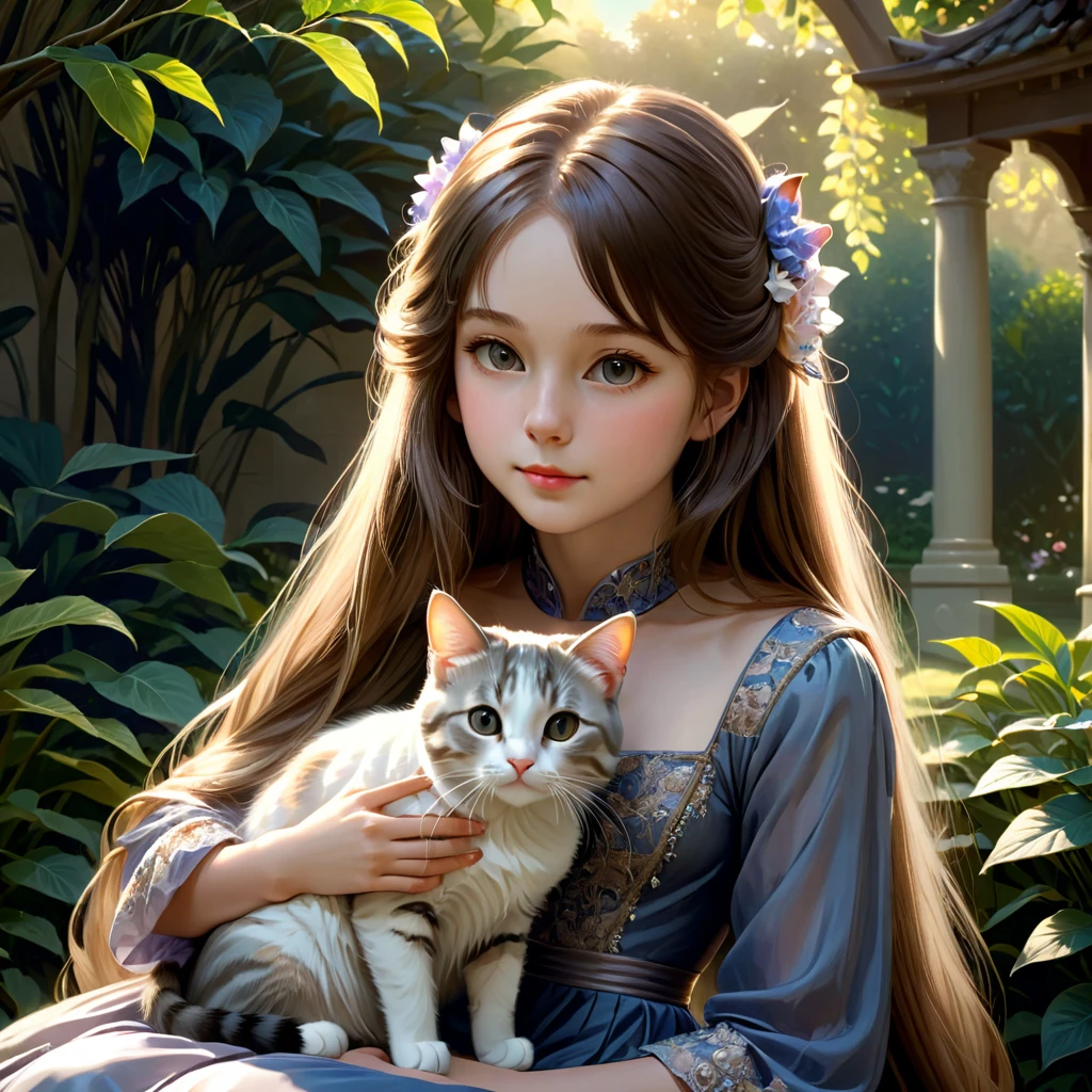 a girl with a beautiful cat, detailed portrait, long flowing hair, intricate dress, sitting in a serene garden, natural lighting, (best quality,8k,highres,masterpiece:1.2),ultra-detailed,(realistic,photorealistic,photo-realistic:1.37),cinematic,chiaroscuro lighting,muted color palette,intricate digital painting,dramatic shadows,emotive expression