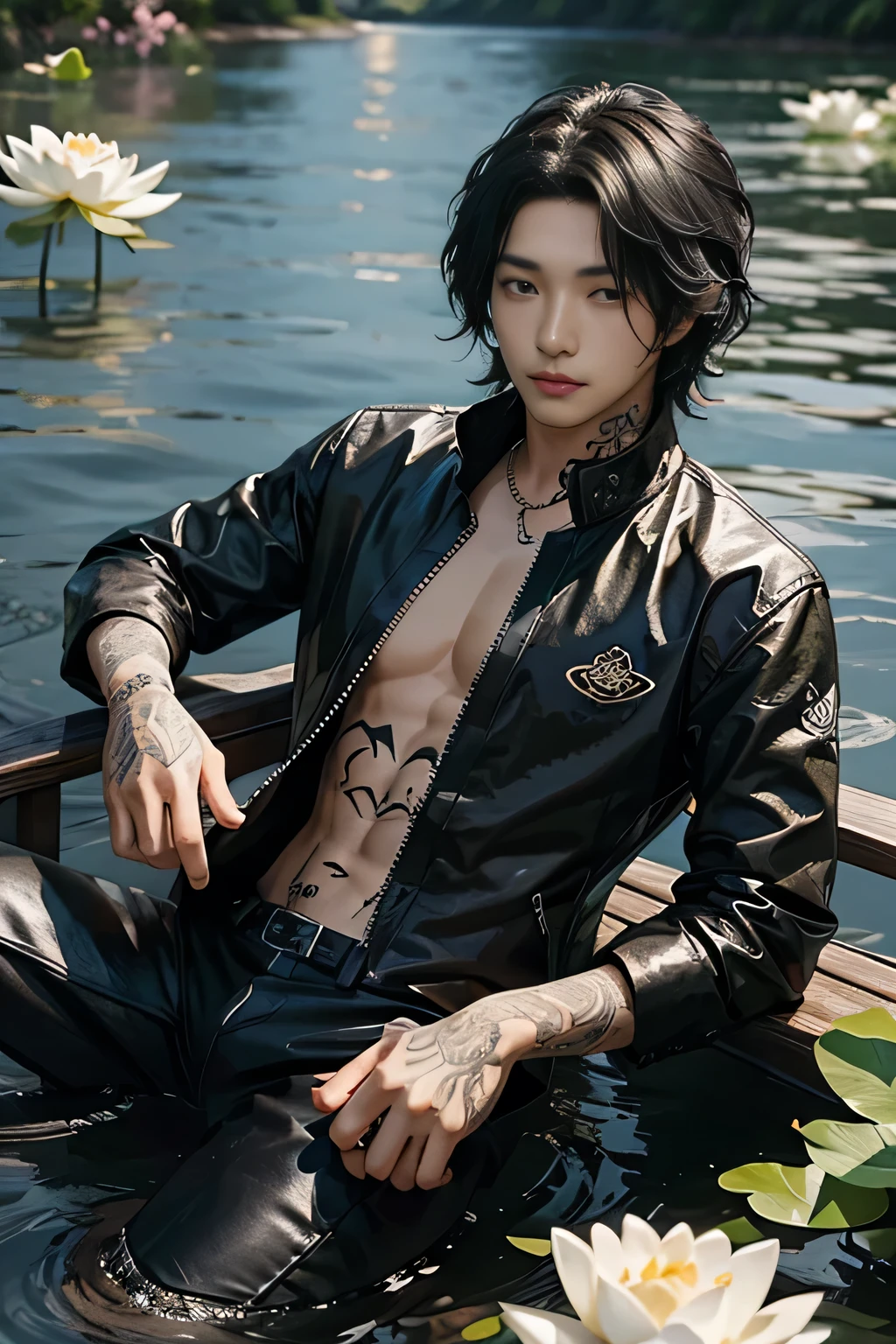 High quality, masterpiece, highly detailed, 8k, perfect face, perfect body, realistic, photo realistic, man, Asian, black hair, short hair, handsome, detailed eyes, beautiful detailed nose, realistic body, realistic light, comfortable expressions, cute guy, sweat guy, cool guy, abs sixpack, model style, full body, clean skin, tattoo, necklace