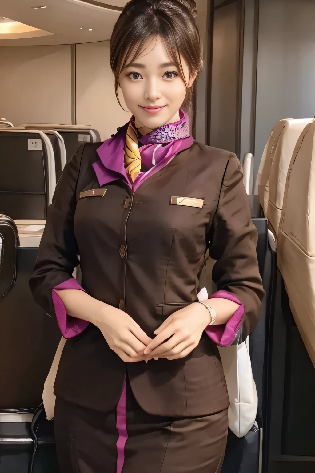 (masterpiece:1.2、highest quality:1.2)、32K HDR、High resolution、(alone、1 girl、Slim figure)、（A realistic reproduction of the ETIHAD Airways Cabincrew Uniform）、 (At the airport counter, Professional Lighting)、Airport counter wall background、A proper woman, Beautiful Face,、（Long sleeve ETIHAD Airways Cabincrew Uniform）、（ETIHAD Airways Cabincrew Uniform skirt with purple stripe on the front）、（scarf on chest）、Big Breasts、（Long Hair Up、Hair Bun）、Dark brown hair、Long Shot、（（Great hands：2.0））、（（Harmonious body proportions：1.5））、（（Normal limbs：2.0））、（（Normal finger：2.0））、（（Delicate eyes：2.0））、（（Normal eyes：2.0））)、Beautiful standing posture、smile、Place your hands around your stomach