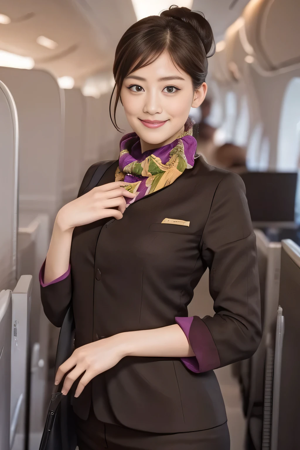 (masterpiece:1.2、highest quality:1.2)、32K HDR、High resolution、(alone、1 girl、Slim figure)、（A realistic reproduction of the ETIHAD Airways Cabincrew Uniform）、 (On board, Professional Lighting)、A proper woman, Beautiful Face,、（Long sleeve ETIHAD Airways Cabincrew Uniform）、（ETIHAD Airways Cabincrew Uniform skirt with purple stripe on the front）、（scarf on chest）、Big Breasts、（Long Hair Up、Hair Bun）、Dark brown hair、Long Shot、（（Great hands：2.0））、（（Harmonious body proportions：1.5））、（（Normal limbs：2.0））、（（Normal finger：2.0））、（（Delicate eyes：2.0））、（（Normal eyes：2.0））)、Beautiful standing posture、smile、Hands folded underneath