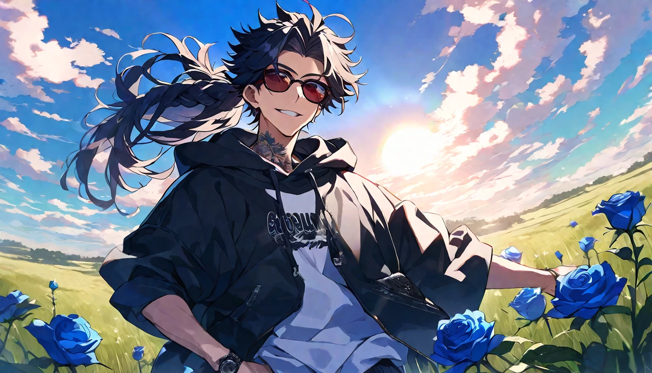 solo, handsome, 1 male, Ponytail, Braided black hair, red eyes, Gojo Satoru,casual,Blue Rose Tattoo,Oversized hoodie,casual,Stylish,cool,sunglasses,Glasses,sun,grassland,