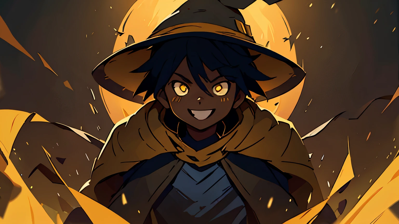 boy, dark skin, bright yellow eyes, wearing old, dark clothes, wearing a black wizard's hat. he is smiling