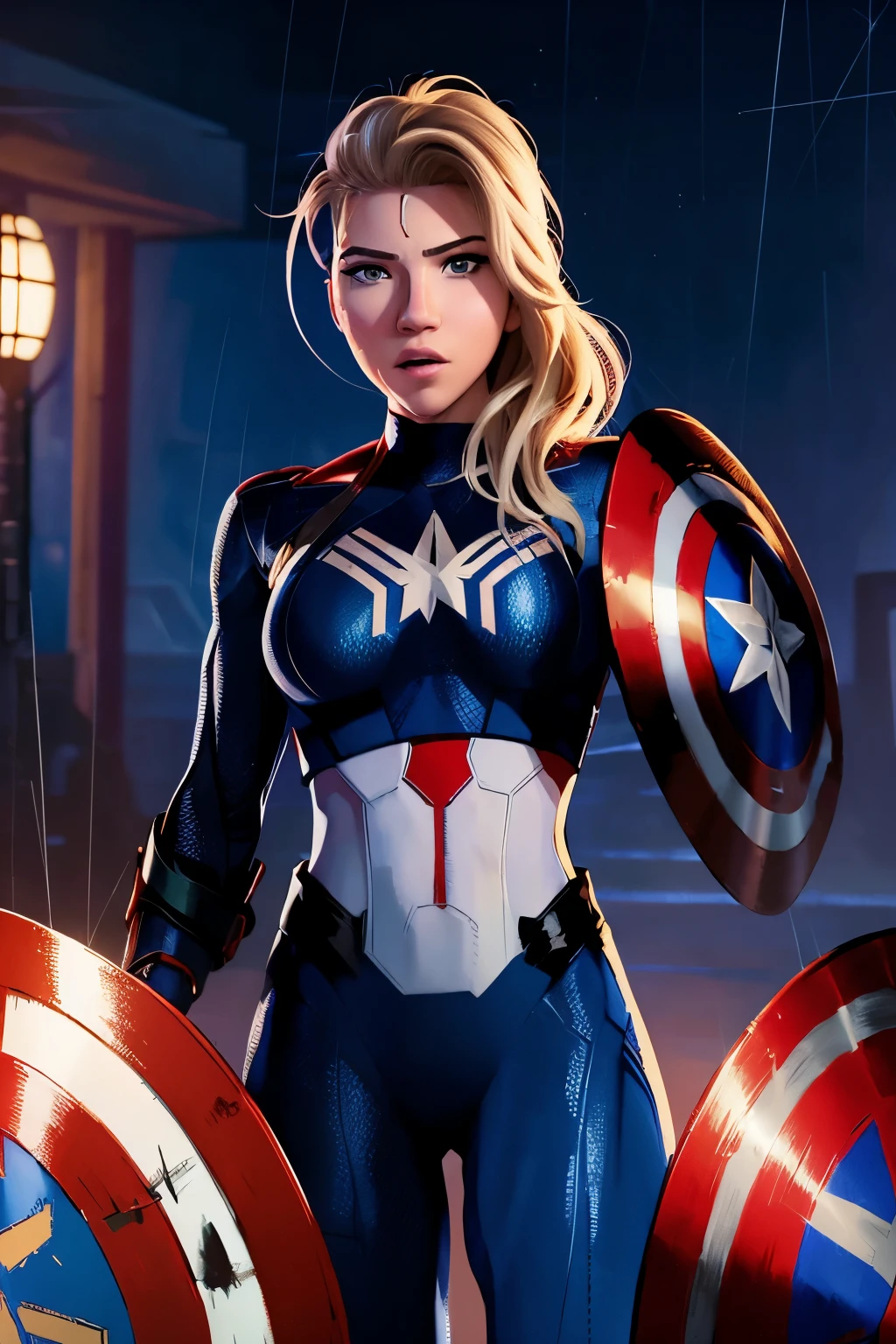 imagem realista de (((Katheryn Winnick as Captain America, wearing a Captain America suit with shield))) Parte superior do corpo fechada (Katwin: 1), (Rim lighting in hair), Afiado, Profundidade superficial de campo, feminine heroic, (curvas: 1,2), (altamente detalhado), (premiado), (obra-prima), foto do filme, ( HDR), (papel de parede 8k),captain america costume,voando,sky background,foco feminino