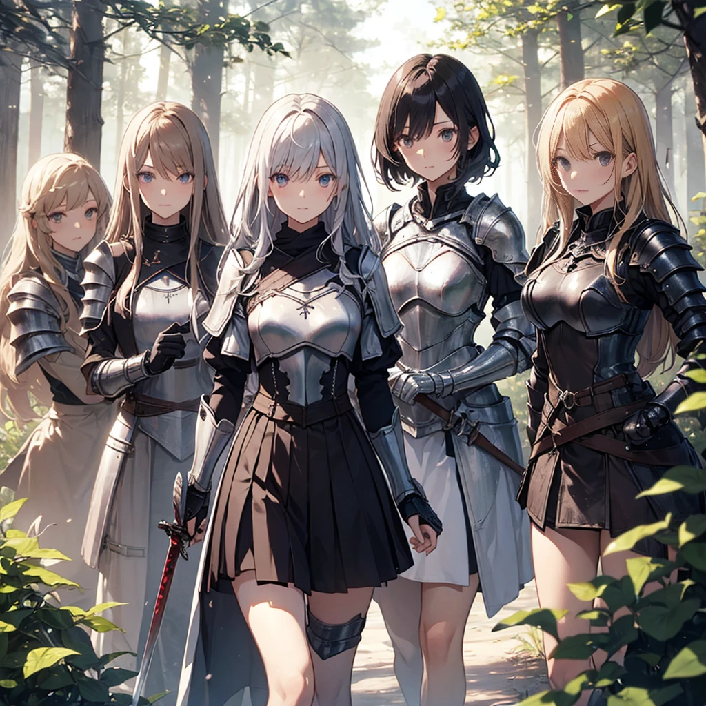 A group of female knight, (in forest), various hair styles, harem, wearing armored clothes, metal armor, night, details face, , short skirt, seducing, sword