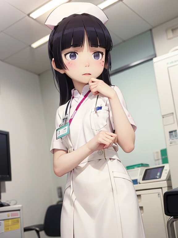 ((ruri gokou)), blush, black hair, tied hair, mole, mole under eye, 1 girl,(Wearing white nurse clothes:1.2),(RAW Photos, highest quality), masterpiece, Very delicate and beautiful, Very detailed, wonderful, finely, Very detailed, High resolution, Soft Light, Beautiful detailed girl, Very detailed eyes and face, Beautiful and sophisticated nose, finely beautiful eyes, Perfect Anatomy, Black Hair, nurse uniform, ((nurse cap)), Long skirt, nurse, White costume, thin, hospital, clear, White Uniform, hospital room,