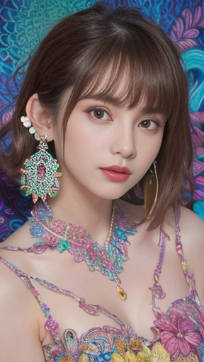 Ultra-high resolution、Ultra HD、8k、Ultra-realistic live-action、masterpiece、Real Live Action、(masterpiece, highest quality, highest quality, Official Art, beautifully、beautiful:1.2), (One Girl:1.3), Very detailed,(Fractal Art:1.1),(colorful:1.1)(Flowers:1.3),Most detailed,(Zentangle:1.2), (Dynamic pose), (Abstract background:1.3), nude, (Shiny skin), (Many colors:1.4), ,(Earrings:1.4),