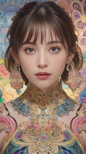 Ultra-high resolution、Ultra HD、8k、Ultra-realistic live-action、masterpiece、Real Live Action、(masterpiece, highest quality, highest quality, Official Art, beautifully、beautiful:1.2), (One Girl:1.3), Very detailed,(Fractal Art:1.1),(colorful:1.1)(Flowers:1.3),Most detailed,(Zentangle:1.2), (Dynamic pose), (Abstract background:1.3), nude, (Shiny skin), (Many colors:1.4), ,(Earrings:1.4),