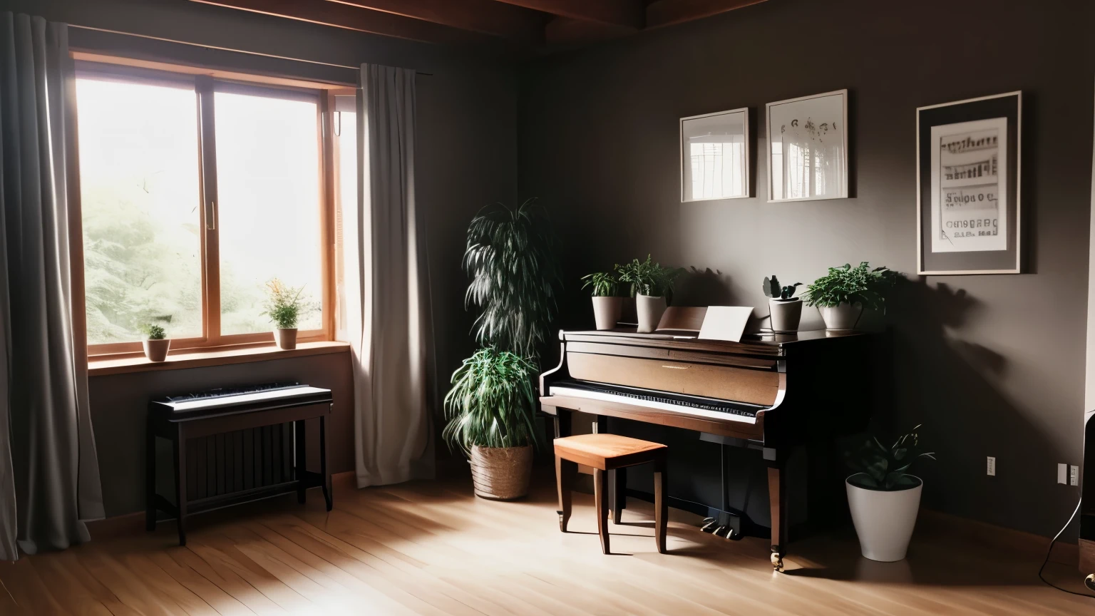 a dark brown color wooden room and have plants around it, its like a tiny forest room, a clean and new piano also have middle of the room, its calming, good lighting, 8k, high details, sharp, clean,