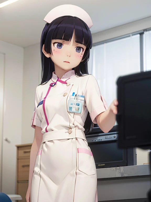 ((ruri gokou)), blush, black hair, tied hair, mole, mole under eye, 1 girl,(Wearing white nurse clothes:1.2),(RAW Photos, highest quality), masterpiece, Very delicate and beautiful, Very detailed, wonderful, finely, High resolution, Soft Light, Beautiful detailed girl, Very detailed eyes and face, Beautiful and sophisticated nose, finely beautiful eyes, Perfect Anatomy, Black Hair, nurse uniform, ((nurse cap)), Long skirt, nurse, White costume, thin, hospital, clear, White Uniform, hospital room,