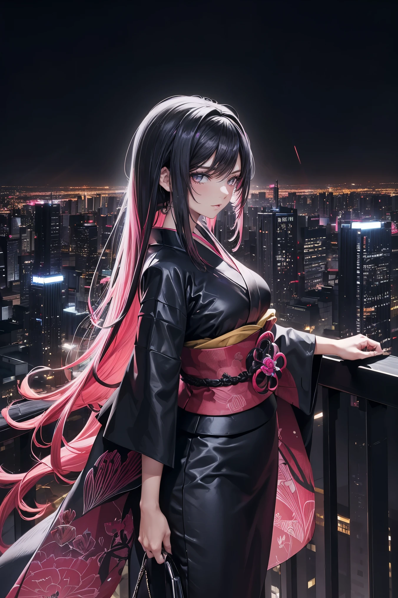 anime, (obra de arte, melhor qualidade, ultra-detalhado, alto contraste), 1 mulher (Sozinho, corpo todo, corpo plus size, standing on the edge of the skyscraper, cabelo prateado, CABELO LONGO E FLUXO, olhos vermelhos brilhantes de rubi, (Kimono preto, black cybernetics with neon pink), meias pretas transparentes), (skyscraper roof, com vista para uma cidade, fundo detalhado ((Night time, darkness, low light pollution)))