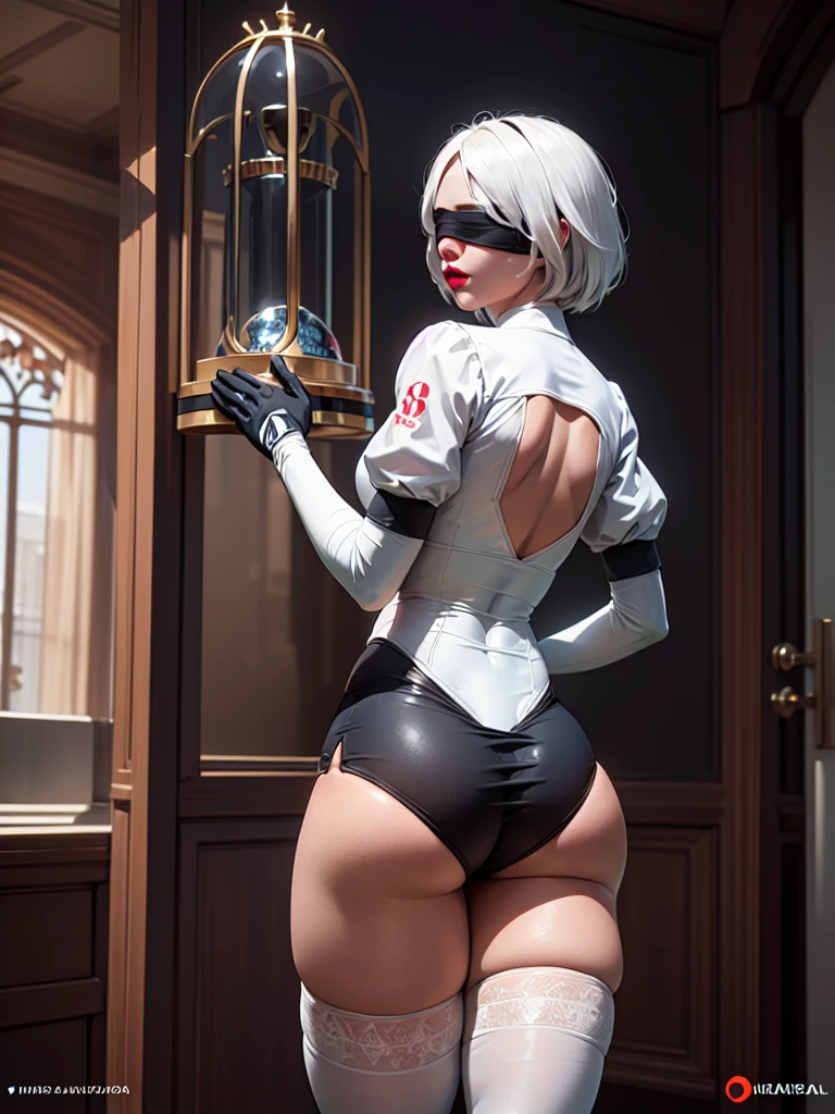 (((back view))). (((showing back view))), (((perfect anatomy, anatomically correct, super detailed skin))), 2B from Nier Automata. (((wearing a white Real Madrid football team shirt with the number 8)), short hair, ((solo)), (((peachy ass))), (((((back to the canera)))), (((blindfold))), ((hourglass body,)), (alone). ((solo:1.5)), ((inside house))), bedroom as background, posters on the wall, ((bigass)), big red lips, white hair, 1 girl, ((white Real Madrid football team shirt with the number 8)). ,[[[(((big hips)))]]]], clothing cutout, gloves, juliet sleeves, leotard, puffy sleeves, , thighhighs, , hourglass body,, shiny skin, watching the viewer, beautiful hair, beautiful face, beautiful detailed eyes, blue eyes, babyface, , beautiful body,standing, (beautiful scenery), 8k, top quality, masterpiece​:1.2, extremely detailed), beautiful illustration, natural lighting, ,(high detailed skin:1.2), 
