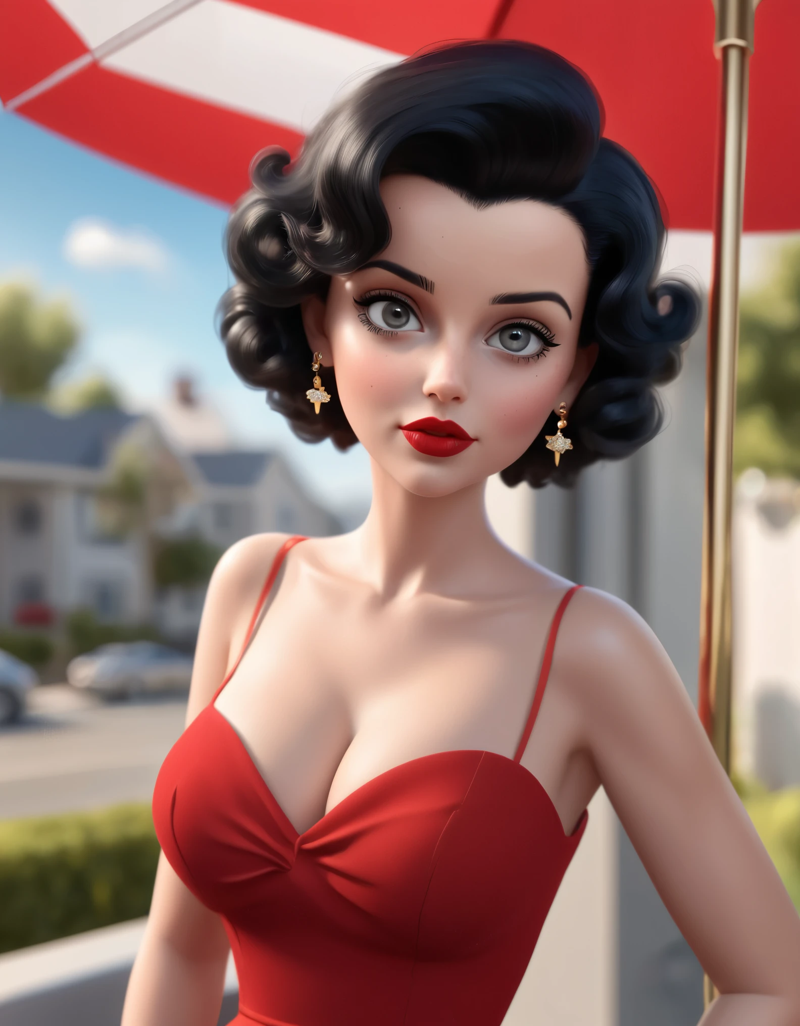 Betty Boop, an iconic character, wearing a red dress with the American flag pattern. She strikes a playful pose, with wide eyes, red lipstick, gold hoop earrings, and a short curly hairstyle. Photo realistic, 8k, vibrant color distant full body view. (complementary colors:1.2), (sharp focus:1.1), (Unreal Engine 5:1.2), (CGI:1.2), (high quality:1.2), (4K:1.1), (volumetric lighting:1.2), (highly detailed:1.3), (bloom:1.1), (micro details:1.2), (masterpiece:1.3), (luminescent:1.1), (aesthetic:1.3), (beautiful:1.3), (HDR:1.2), (dynamic composition:1.2), (captivating atmosphere:1.2), (immersive experience:1.3), (innovative design:1.2), (cinematic excellence:1.3), (timeless elegance:1.1), (visual storytelling:1.2), (technological marvel:1.2), (artistic finesse:1.3), (ethereal beauty:1.1), (creative brilliance:1.2)