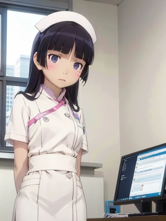 ((ruri gokou)), blush, black hair, tied hair, mole, mole under eye, ((masterpiece, highest quality, Very detailed)),Hime cut, Blunt bangs,beauty, Japanese girl, nurse師, Perfect Anatomy, Black Hair, Upstyle, nurse uniform, ((Nurse cap)), Long skirt, nurse, White costume, thin, hospital, clear, gloves, White Uniform, white gloves, hospital room, 