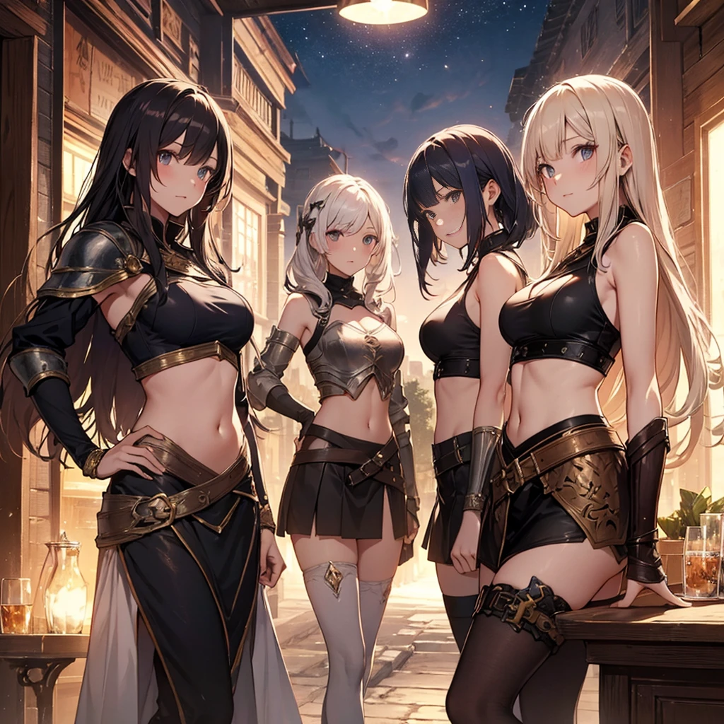 A group of female medieval fantasy adventurers, (in tavern), various hair styles, harem, night, details face, short skirt, seducing, sleeveless, armor, midriff