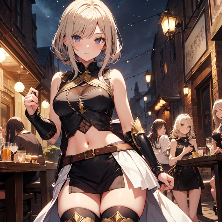 (masterpiece, Highest quality), Recall,A group of female adventurers set in a medieval fantasy world.３people々,Dancer、 (At the pub), Mr...々Hairstyle, Harem, night, detailed aspects, Asheria:1.5, Asheria:1.3, short hair, Bobcut, Very short pleated mini skirt with embroidered pattern, Seduce, No sleeve, armor 、肩armor、Showing off her butterfly micro panties:1.25、、Big Ass、Wide waist、Roll up your skirt,Knee socks,