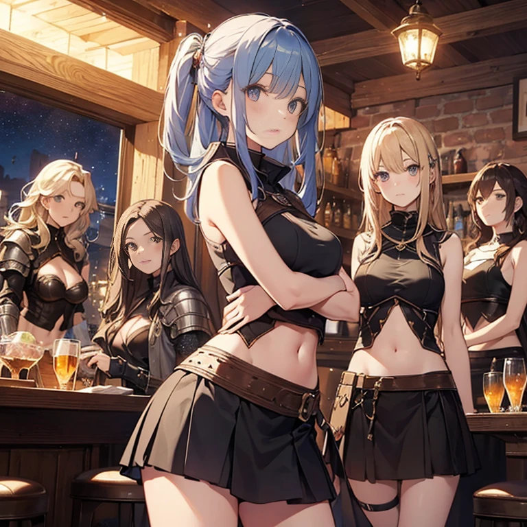 A group of  female medieval fantasy adventurers, (in tavern), various hair styles, harem, night, details face, short skirt, seducing, sleeveless, armor, midriff 