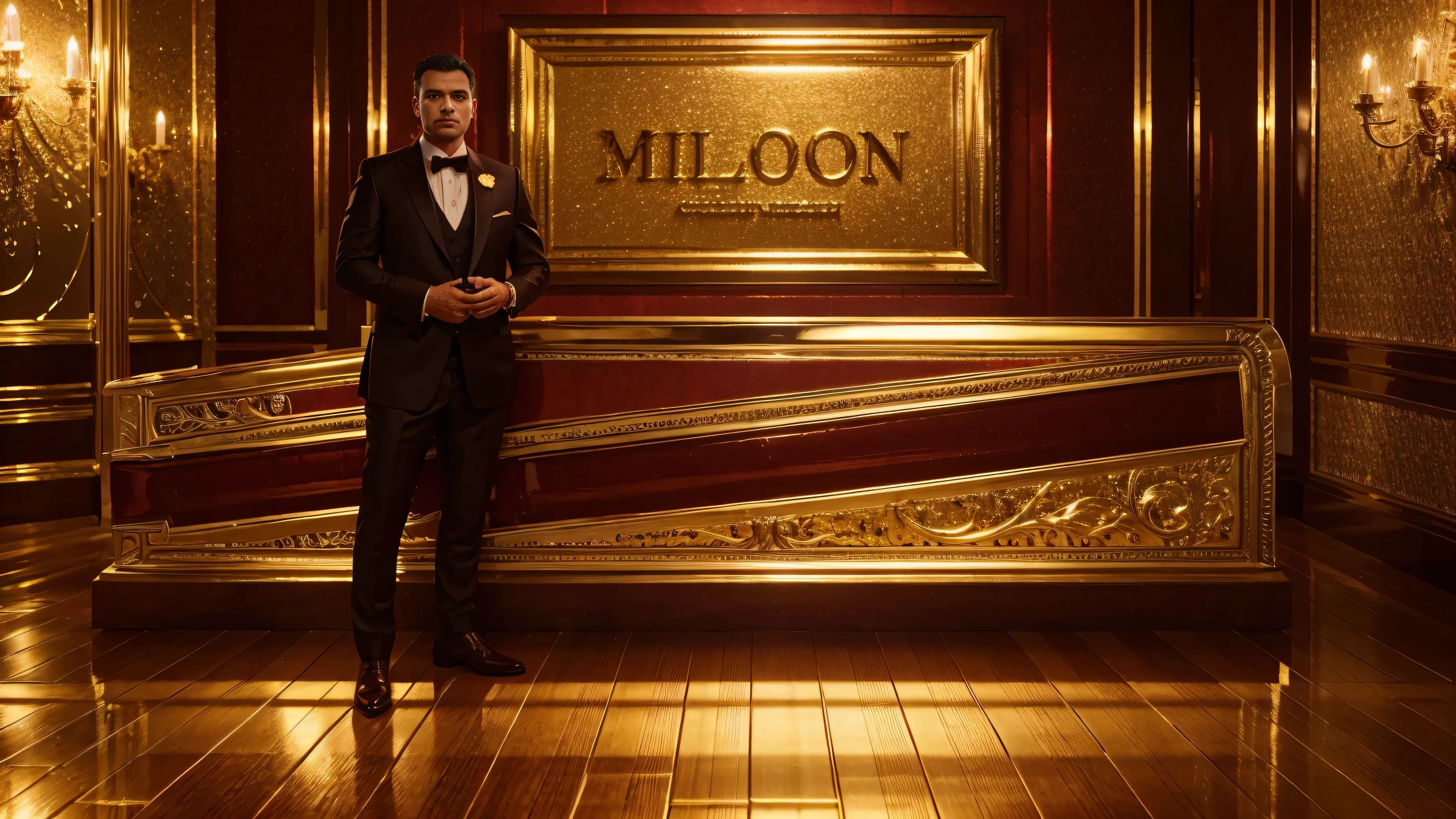 a millionaire man wearing a suit, room full of shiny ruby bars and gold bars, ultra realistic image, high level of detail, 8k, hyper realism, vivid and intense colors.