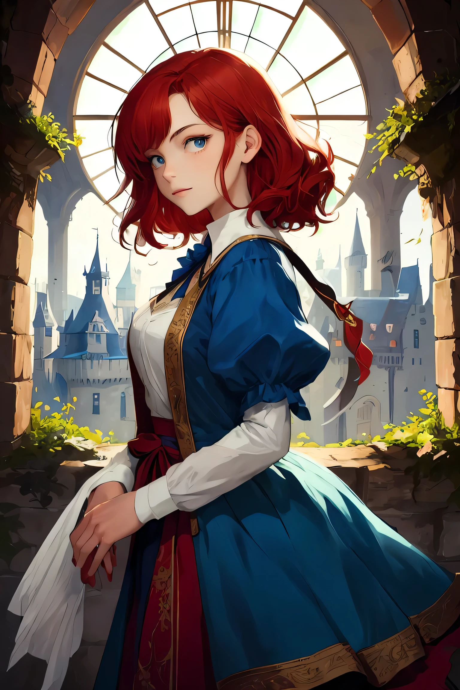 masterpiece ,best quality, Beautiful woman with red hair in an enchanted castle