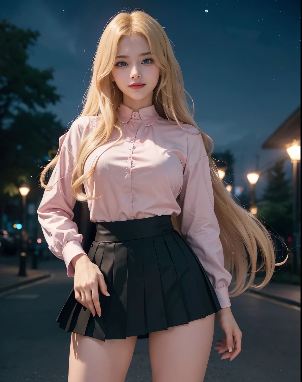 1girl, (Blue Eyes), (smiling :1.2), (Sana Minatozaki), (wide hips :1.2), Big tits, (big ass), (thin waist: 1.2), (thick and toned thighs :1.1), (Best Quality, 8k, Masterpiece: 1.3), Clear Focus: 1.2, Perfect Body Beauty: 1.4, strong abs, Highly detailed face and skin texture, detailed eyes, double eyelids, (blonde long wavy hair), (pink blouse), bodybuilding, (black pleated skirt), standing, dynamic pose, in a park at night, starry night sky, park illuminated by street lamps, blurred background