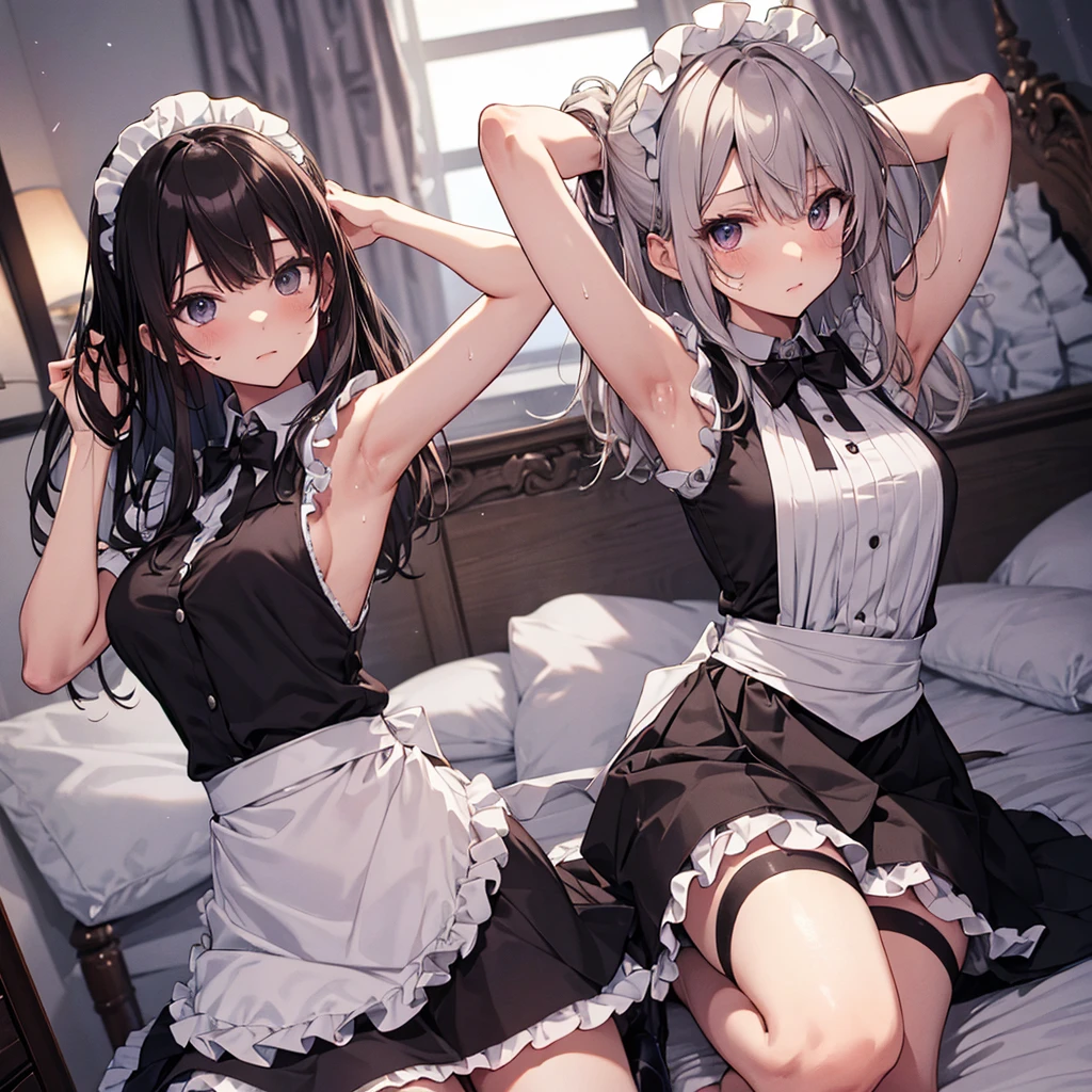 A  maid, (in bedroom), various hair styles, harem, night, details face, short skirt, seducing, sleeveless, sweaty armpits 