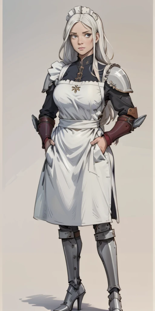 (Masterpiece, plain background:1.2) 1sologirl standing metal high heels, straight, long messy white hair, maid armor outfit, hands inside pockets, white apron with pockets