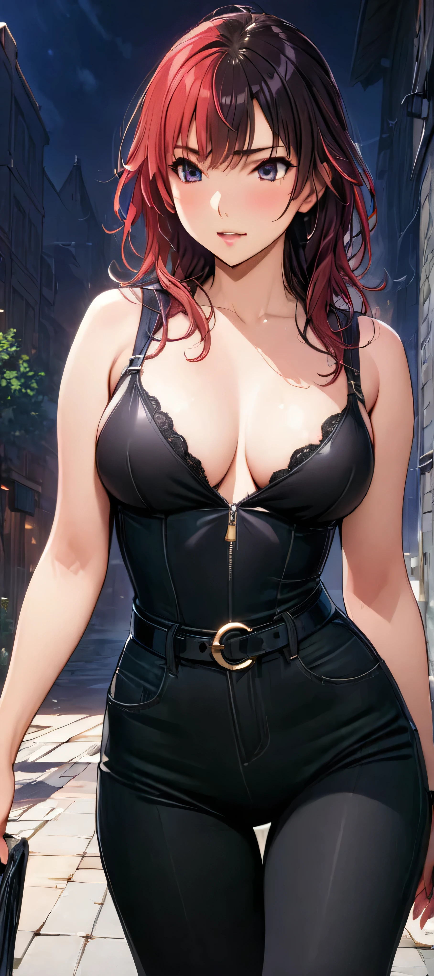 (masutepiece, of the highest quality, Best Quality, Official art, Beautiful and aesthetic:1.2), Extremely detailed, highest details, one girl, horty underscore, red hair with black roots, big breast, sfw