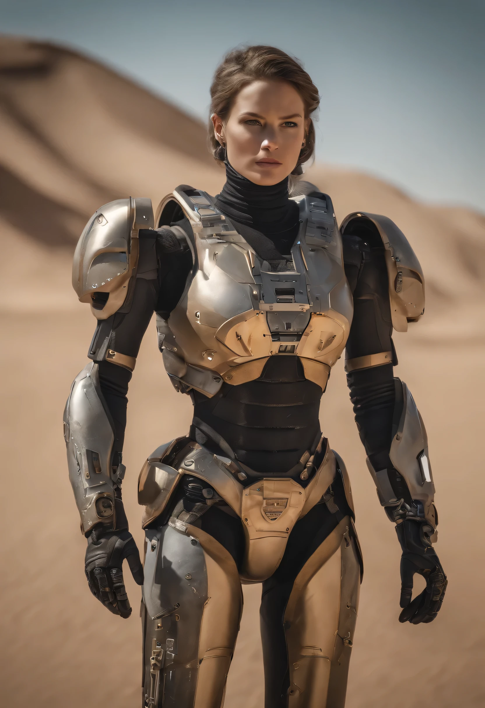 high quality, 4k, masterpiece, beautiful, cyborg girl, Cowboy shooting, Dull eyes, looking at the audience, Long blond hair, girl, Small Breasts, Slender thighs, Mechanical arm, robot body, Body, yellow accents, Intricate details, United, Detailed lines, Robot details, raise fist, Raise your hand as a fist, Colorful robot parts, Robot parts are colored, Perfect fingers, On the desert planet, Sunshine Background, colorful desert,