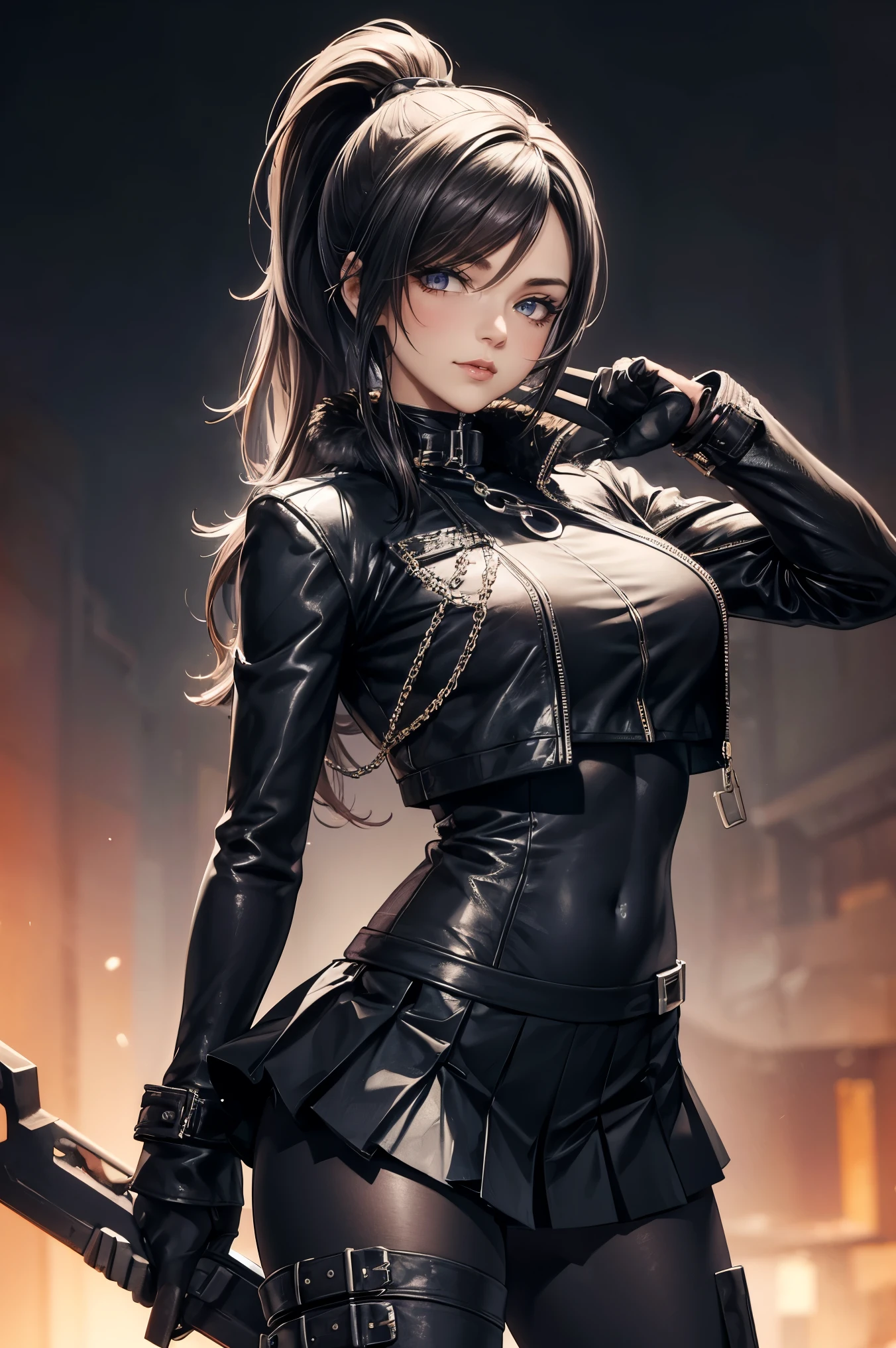 a woman, leggings, pleated skirt, sports top, high ponytail, high boots, long fur jacket, on a foggy moonlit night in a ghost town, detailed face, hyper detailed eye's, detailed lips, , with a metal chainned-colar in the neck, lineart