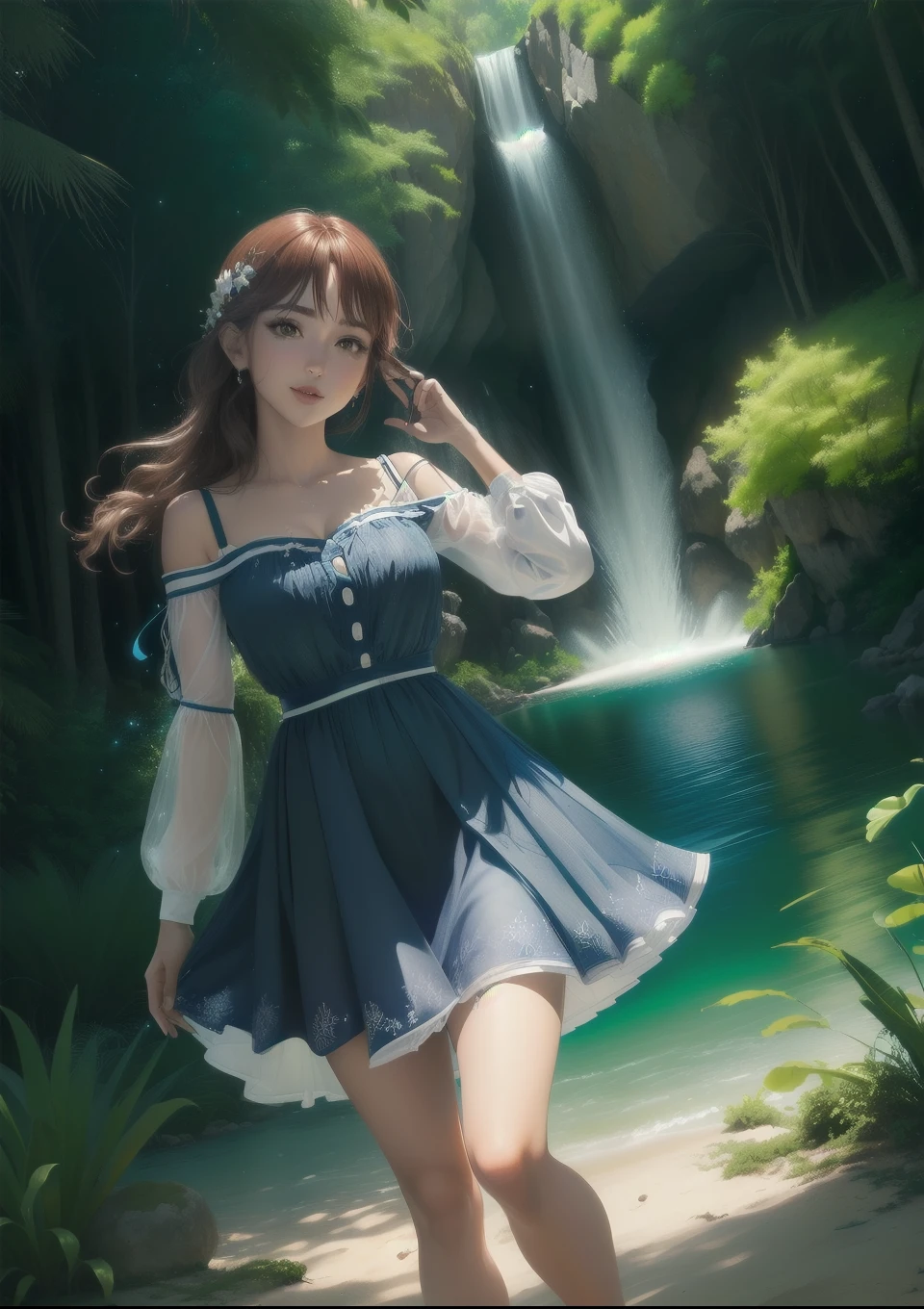 Masterpiece, Best quality, beautiful 1 girl, sitting on her knees inside a glass transparent sphere, girl in a sphere, visible in full growth, long unusual shining hair, big beautiful eyes, skin shines with light, beautiful background around water and plants, glowing fluorescent flowers, air bubbles, fireflies