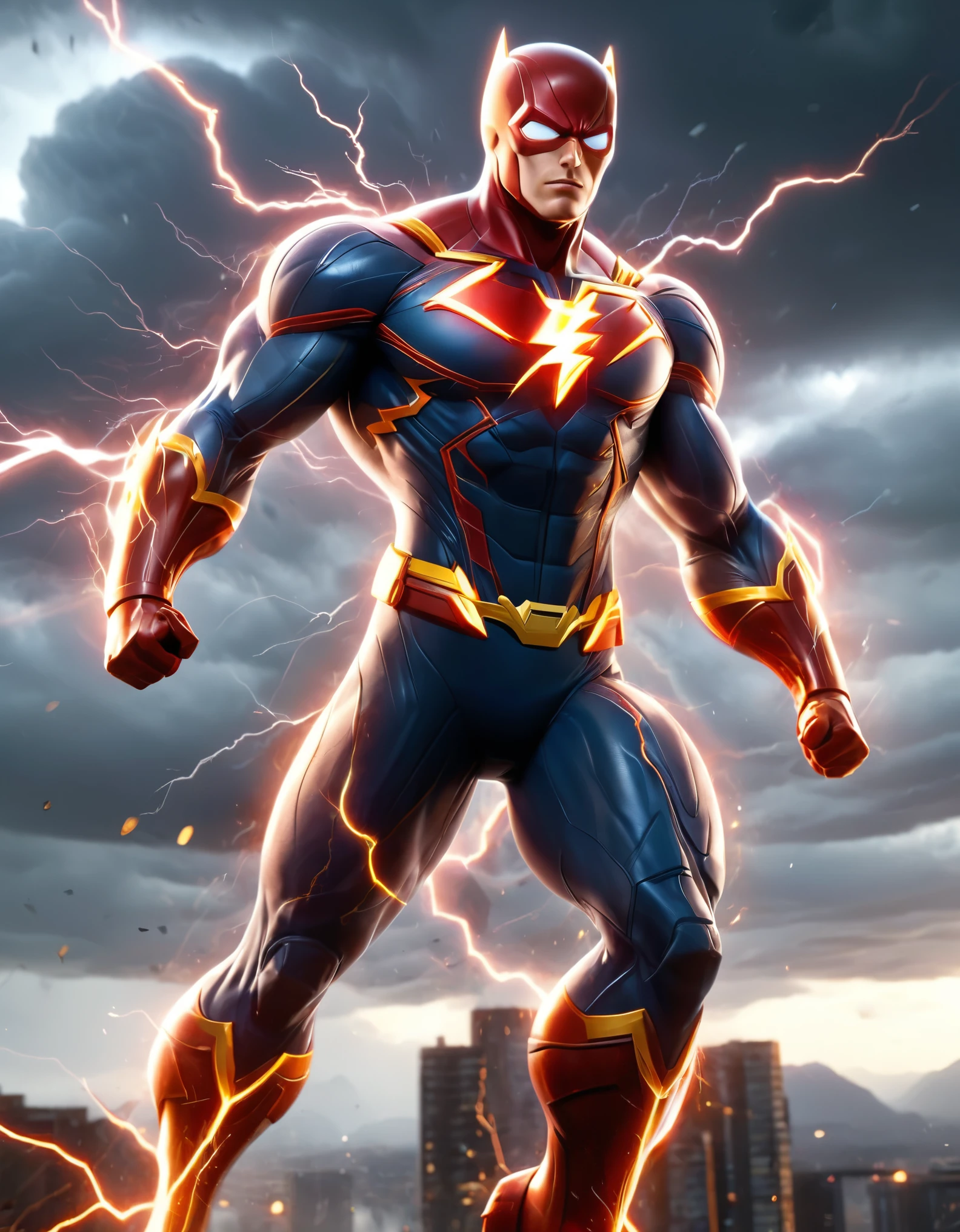 a powerful and muscular male superhero with a striking appearance. He has short, blonde hair and a determined expression, exuding confidence and strength. His costume is predominantly red and tightly fitted, highlighting his muscular build. The suit has a lightning bolt emblem on the chest, symbolizing speed and energy. He also wears golden accents, including a belt, bracers, and boots, adding to the heroic and regal look. Lightning bolts surround him, indicating his superhuman abilities related to speed and electricity. The background is dynamic, with dark clouds and streaks of lightning, emphasizing the intense and energetic nature of the character., photo realistic, 8k, vibrant colors, (complementary colors:1.2), (sharp focus:1.1), (Unreal Engine 5:1.2), (CGI:1.2), (high quality:1.2), (4K:1.1), (volumetric lighting:1.2), (highly detailed:1.3), (bloom:1.1), (micro details:1.2), (masterpiece:1.3), (luminescent:1.1), (aesthetic:1.3), (beautiful:1.3), (HDR:1.2), (dynamic composition:1.2), (captivating atmosphere:1.2), (immersive experience:1.3), (innovative design:1.2), (cinematic excellence:1.3), (timeless elegance:1.1), (visual storytelling:1.2), (technological marvel:1.2), (artistic finesse:1.3), (ethereal beauty:1.1), (creative brilliance:1.2)