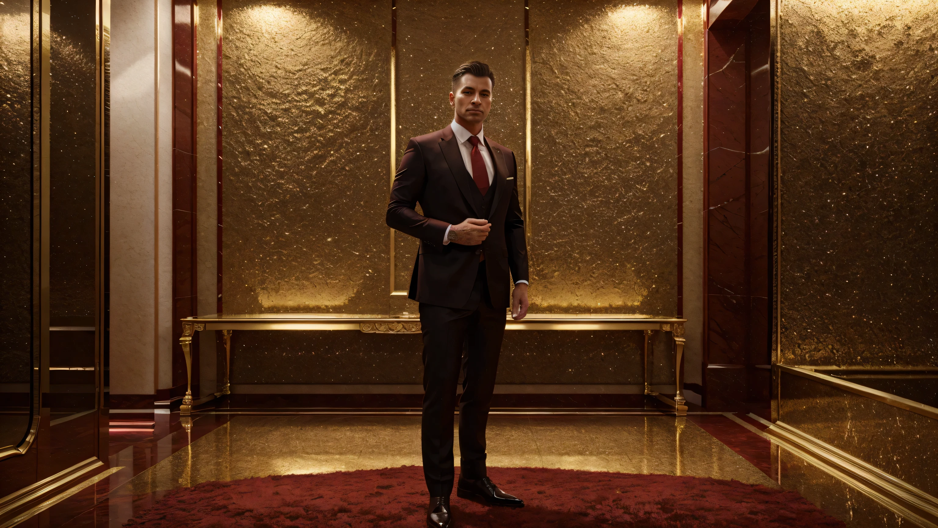 a millionaire man wearing a suit, room full of shiny ruby bars and gold bars, ultra realistic image, high level of detail, 8k, hyper realism, vivid and intense colors.