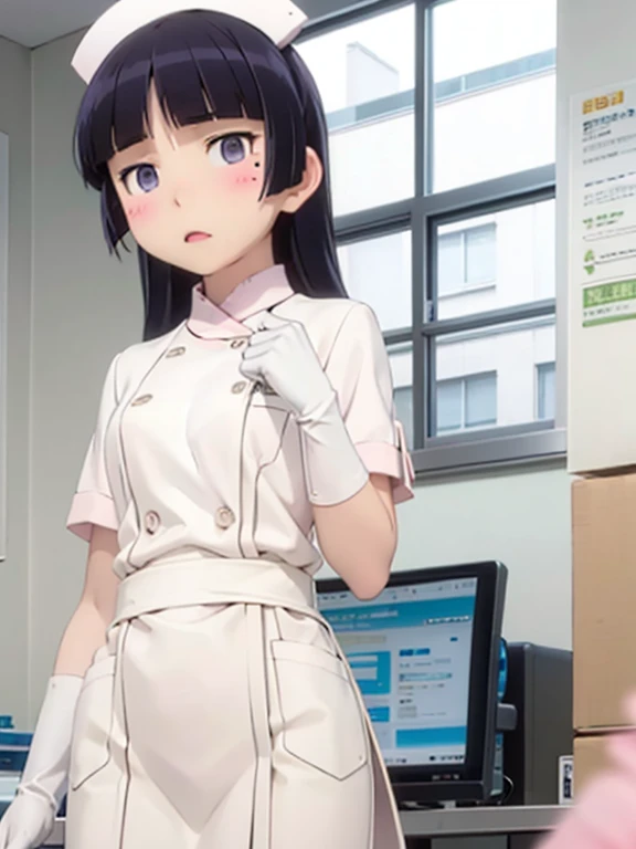 ((ruri gokou)), blush, black hair, tied hair, mole, mole under eye, ((masterpiece, highest quality, Very detailed)),Hime cut, Blunt bangs,beauty, Japanese girl, nurse師, Perfect ???????, Black Hair, Upstyle, nurse uniform, ((Nurse cap)), Long skirt, nurse, White costume, thin, hospital, clear, gloves, White Uniform, white gloves, hospital room, 