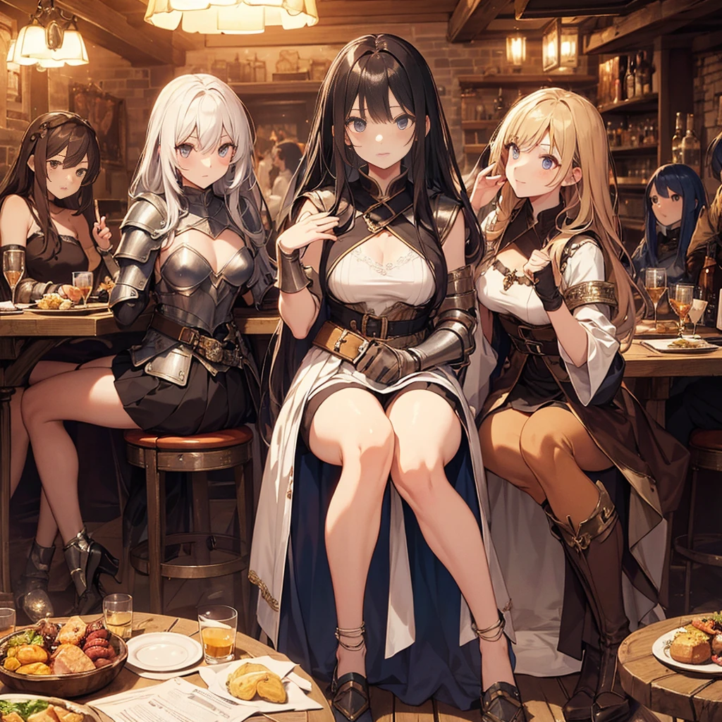 A group of  female medieval fantasy adventurers, (in tavern), various hair styles, harem, night, details face, short skirt, seducing, sleeveless, armor 