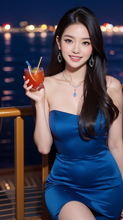 highest quality、8K、High resolution、Perfect Face、Perfect Style、Perfect fingers、Sunburn、Straight Hair、beautiful、stylish charm、Mature、necklace、A gorgeous royal blue cocktail dress、dinner、On the cruise deck、Night view、whole body、High heels,smile、