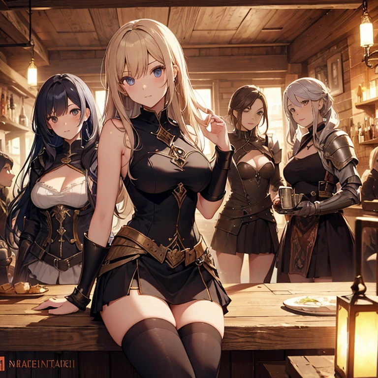 A group of  female medieval fantasy adventurers, (in tavern), various hair styles, harem, night, details face, short skirt, seducing, sleeveless, armor 