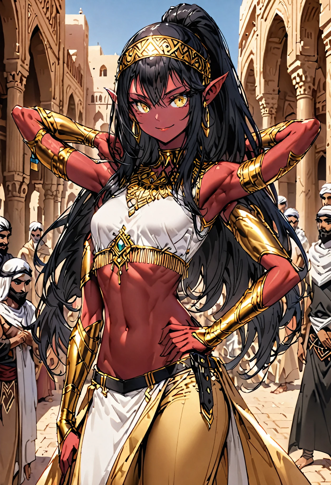 solo:1.4, female, sfw, medium shot, (four arms), red skin, long hair, black hair, silky hair, ponytail, pointed ears, slim waist, bandit, Arabian, marketplace, golden eyes, smile, abs, dagger, extra arms:0.9, hands on hip